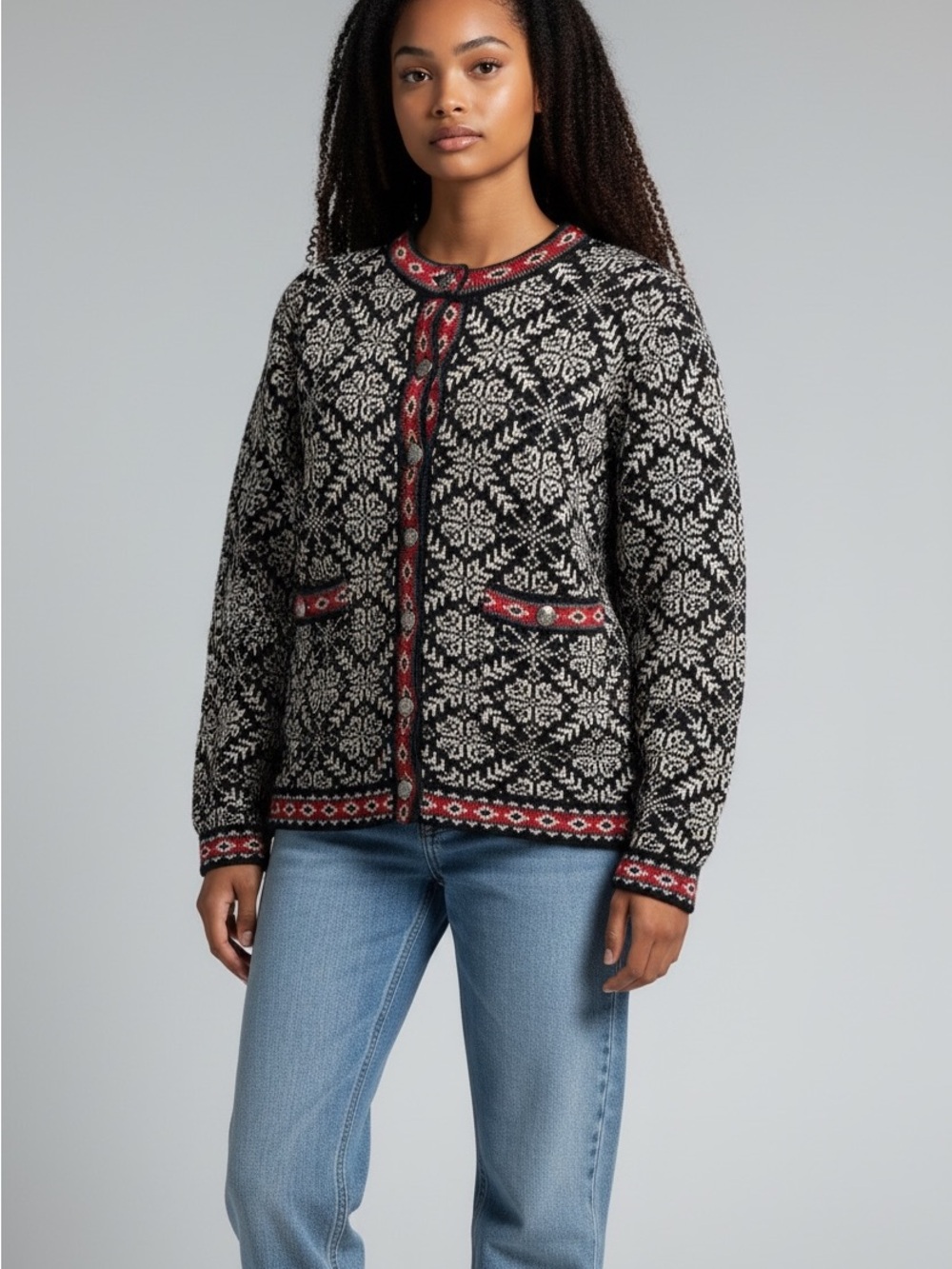 L.L. Bean Black, Ivory and Red Fair Isle Knit Cardigan, 100% Wool, Metal Buttons
